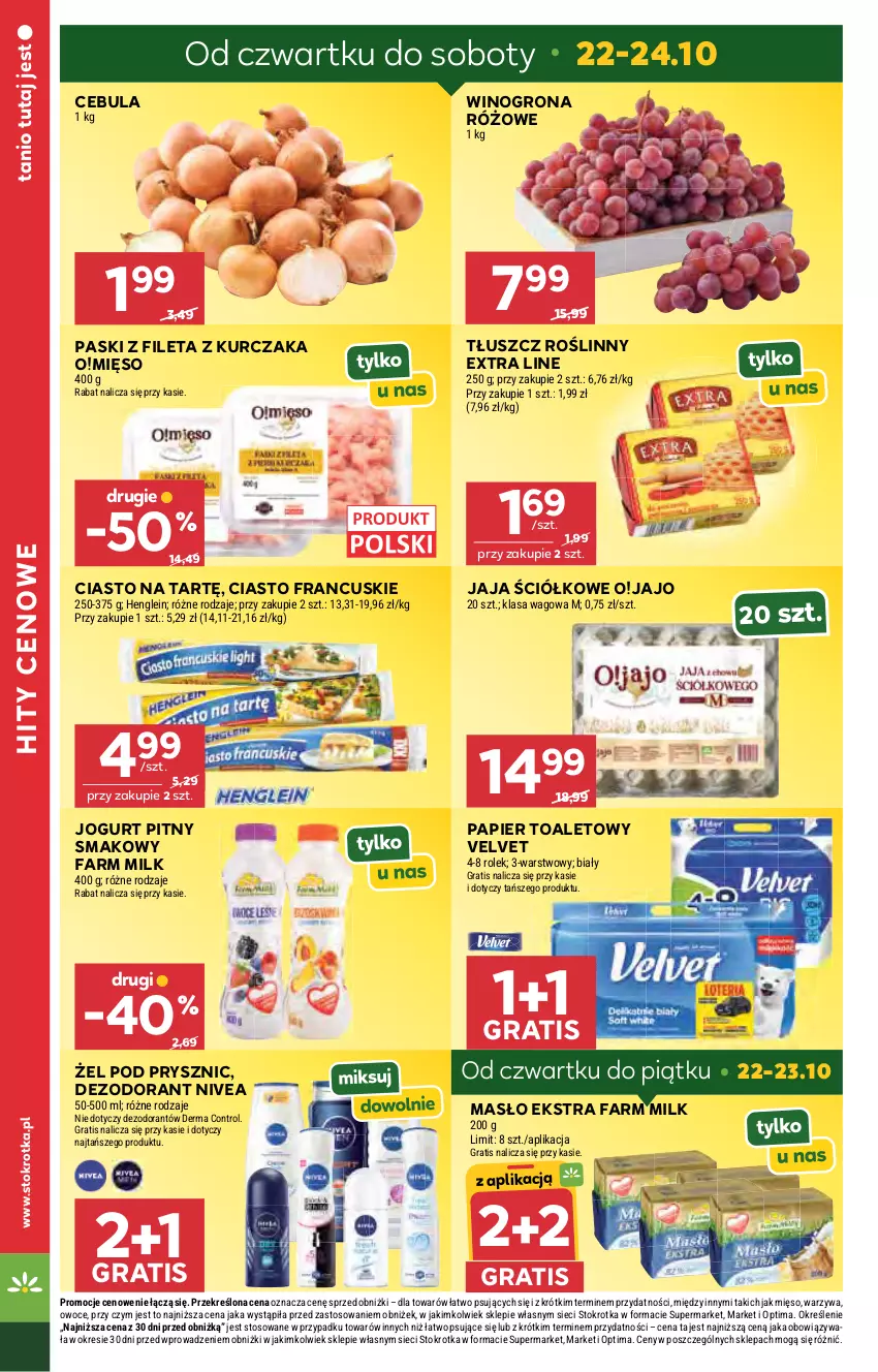 Gazetka promocyjna Stokrotka - Supermarket - ważna 22.10 do 28.10.2026 - strona 6 - produkty: Cebula, Ciasto francuskie, Control, Dezodorant, Fa, Farm Milk, Gra, Jaja, Jogurt, Jogurt pitny, Kurczak, Masło, Mięso, Nivea, Optima, Owoce, Papier, Papier toaletowy, Tłuszcz roślinny, Velvet, Warzywa, Wino, Winogrona