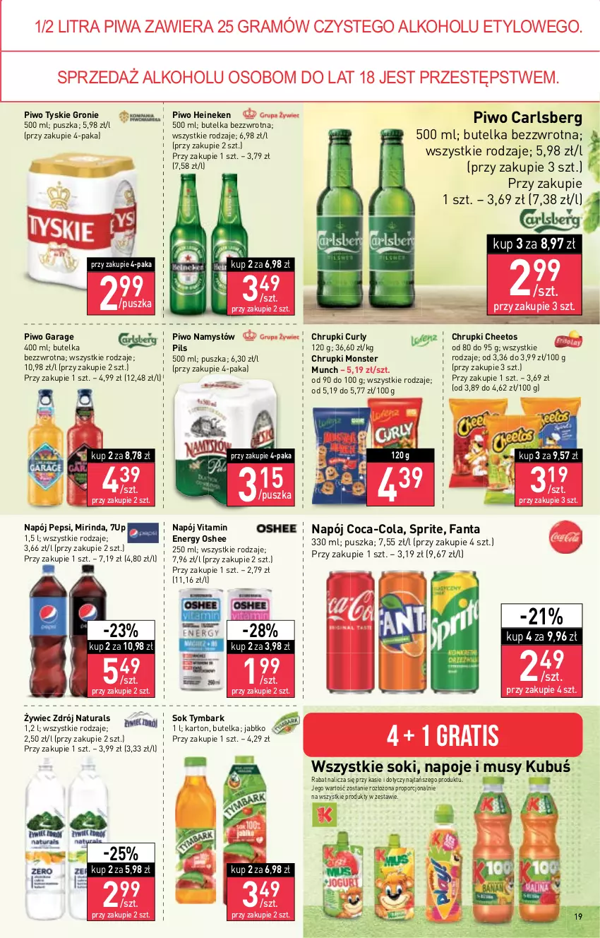 Gazetka promocyjna Stokrotka - Supermarket - ważna 27.10 do 02.11.2022 - strona 19 - produkty: 7up, Carlsberg, Cheetos, Chrupki, Coca-Cola, Fa, Fanta, Gra, Heineken, Kubuś, Mirinda, Monster Munch, Mus, Namysłów, Napój, Napoje, Oshee, Pepsi, Piwa, Piwo, Por, Sok, Sprite, Tymbark, Tyskie