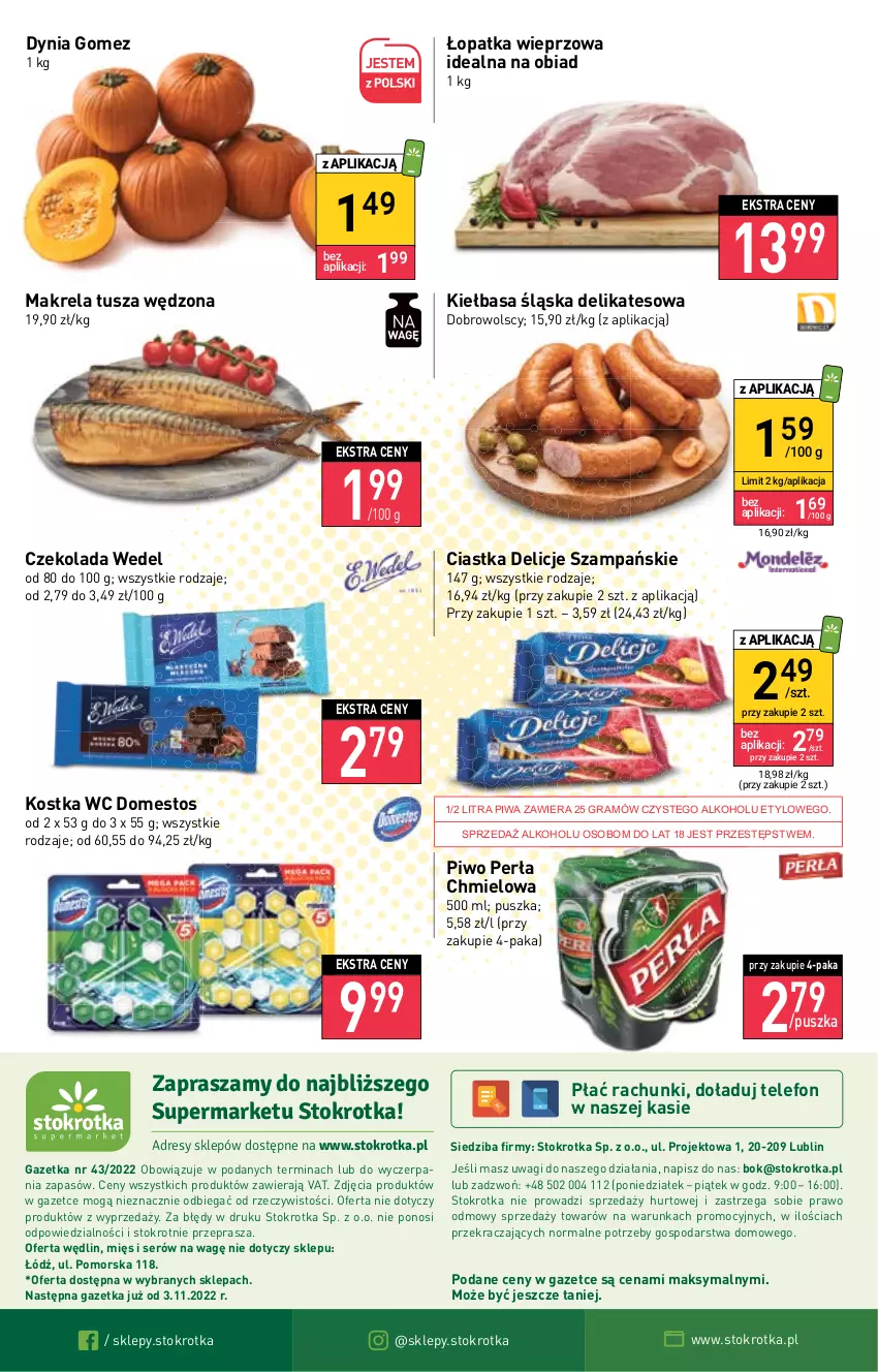 Gazetka promocyjna Stokrotka - Supermarket - ważna 27.10 do 02.11.2022 - strona 28 - produkty: Ciastka, Czekolada, Delicje, Domestos, Dres, Gra, JBL, Kiełbasa, Kiełbasa śląska, O nas, Perła, Piwa, Piwo, Ser, Telefon, Tusz, Wagi