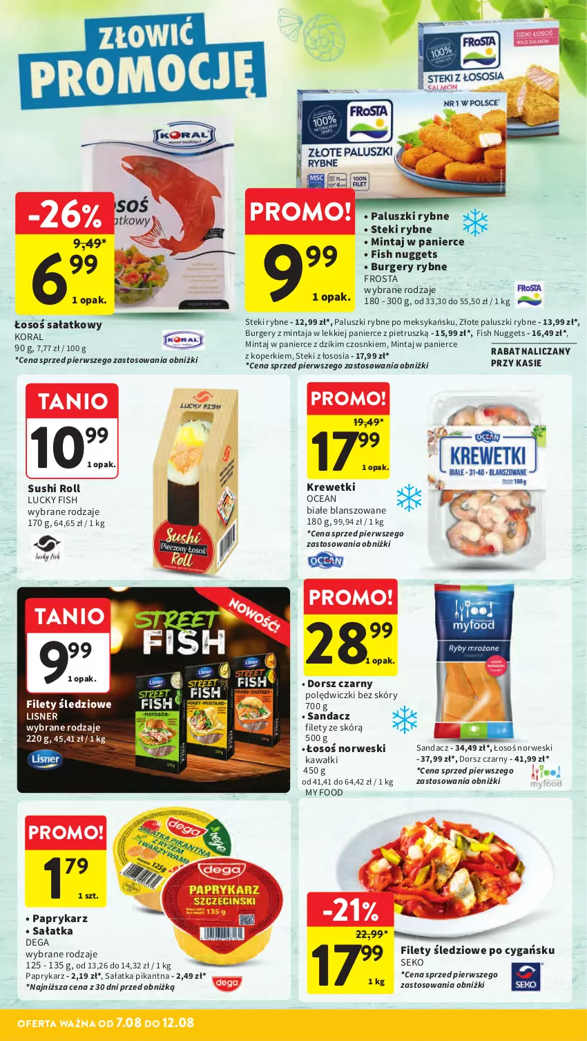 Gazetka promocyjna Intermarche - Gazetka promocyjna ważna - ważna 07.08 do 12.08.2025 - strona 16 - produkty: Burger, Dega, Dorsz, Frosta, Kawa, Krewetki, Lisner, Mintaj, Paluszki rybne, Papryka, Paprykarz, Sałat, Sałatka, Sandacz, Sandacz filet, SEKO, Sos, Stek, Sushi