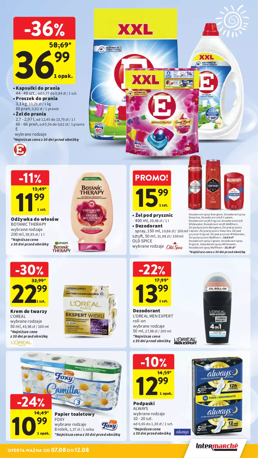 Gazetka promocyjna Intermarche - Gazetka promocyjna ważna - ważna 07.08 do 12.08.2025 - strona 35 - produkty: Always, Dezodorant, Foxy, Gin, Kapsułki do prania, Krem do twarzy, Odżywka, Old Spice, Papier, Papier toaletowy, Podpaski, Proszek do prania