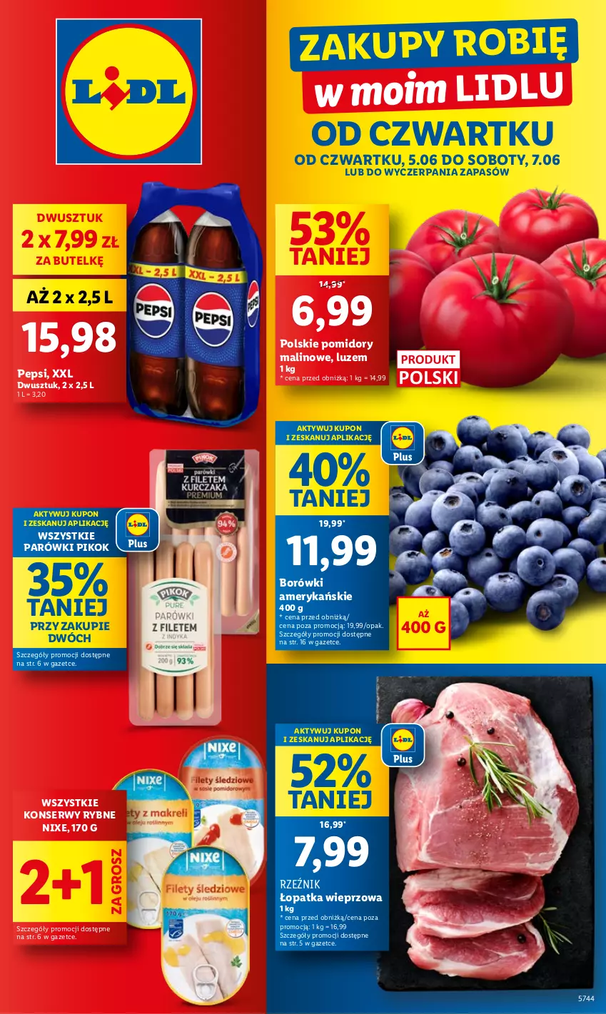 Gazetka promocyjna Lidl - GAZETKA - ważna 05.06 do 07.06.2025 - strona 1 - produkty: Parówki, Pepsi, PIKOK, Pomidory, Ser, Sok