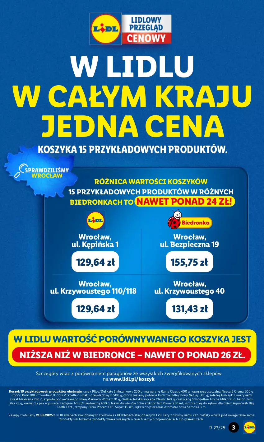 Gazetka promocyjna Lidl - GAZETKA - ważna 05.06 do 07.06.2025 - strona 3 - produkty: Aquafresh, Baton, Ciastka, Dzieci, Goplana, Gra, Graal, Groch, Jeżyki, Kosz, Kuchnia, Lakier, Lakier do włosów, LANA, Nescafé, O.B., Pedigree, Piec, Pilos, Por, Rama, Rękaw do pieczenia, Sałat, Schogetten, Schwarzkopf, Ser, Serek, Szprot, Taft, Tampony, Tuńczyk, Twix, Warzywa