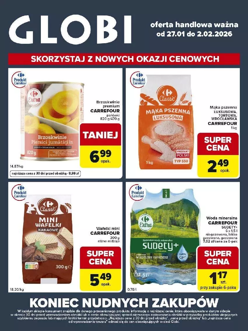 Gazetka promocyjna Carrefour - Gazetka Globi - ważna 27.01 do 02.02.2026 - strona 1 - produkty: Brzoskwinie, Kakao, Mąka, Mąka pszenna, Woda, Woda mineralna