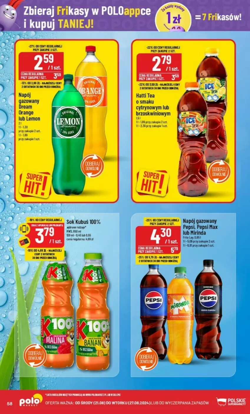 Gazetka promocyjna PoloMarket - ważna 21.08 do 27.08.2024 - strona 54 - produkty: Kubuś, Mirinda, Napój, Napój gazowany, Pepsi, Pepsi max, Sok