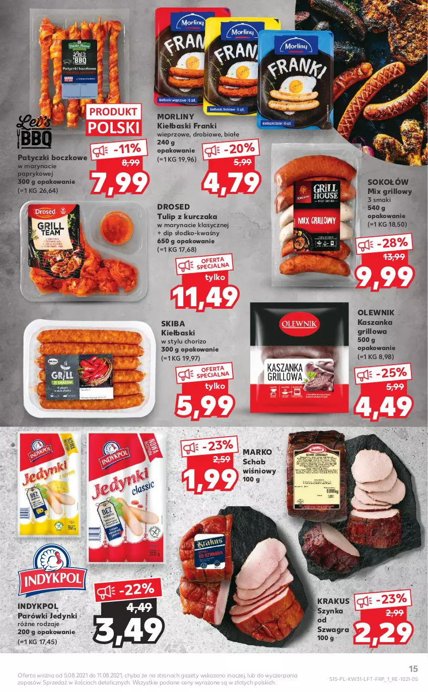 Gazetka promocyjna Kaufland - OFERTA TYGODNIA - ważna 05.08 do 11.08.2021 - strona 15 - produkty: Gra, Grill, Kasza, Kaszanka, Krakus, Kurczak, Morliny, Olewnik, Parówki, Sok, Sokołów, Szynka