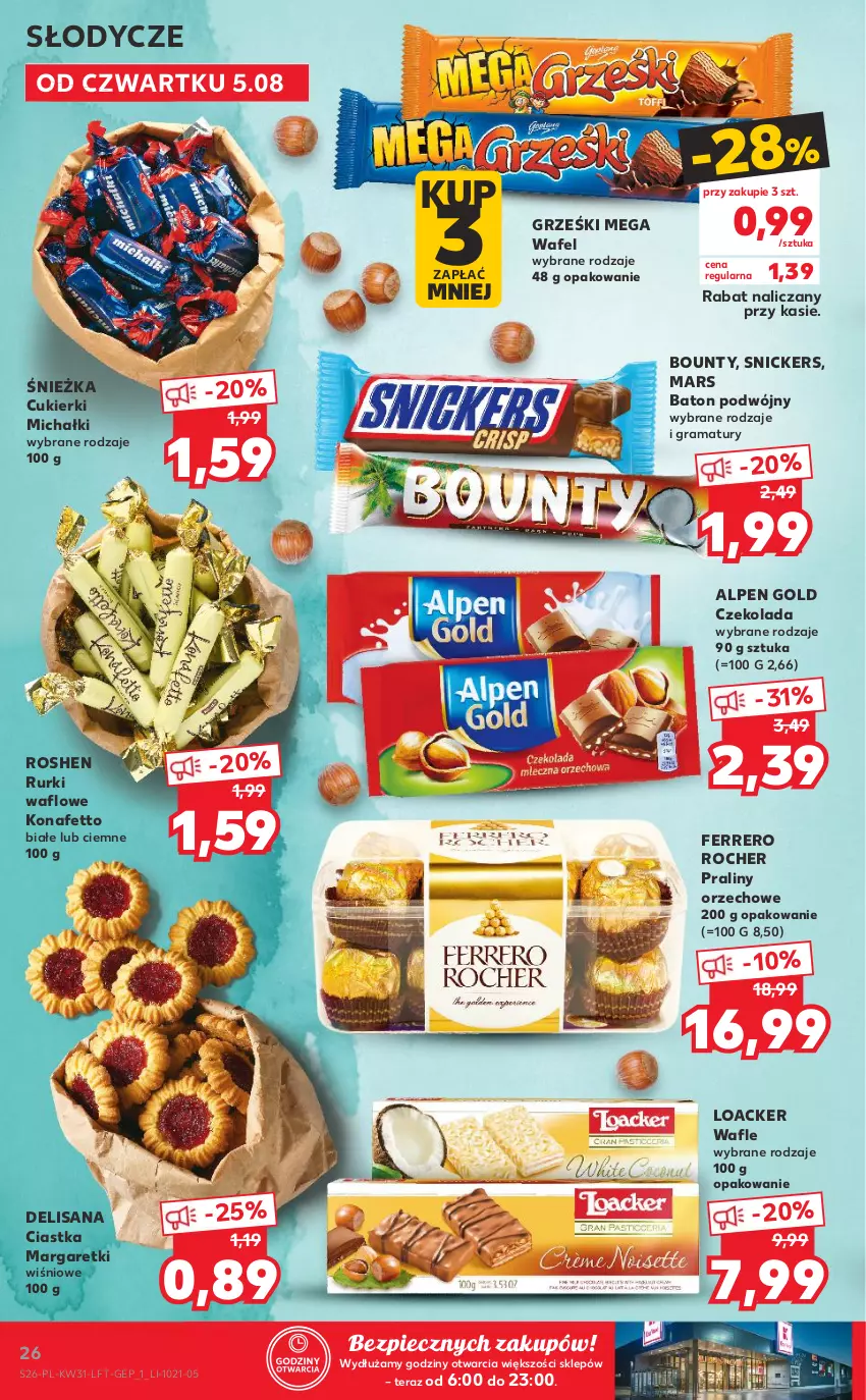 Gazetka promocyjna Kaufland - OFERTA TYGODNIA - ważna 05.08 do 11.08.2021 - strona 26 - produkty: Baton, Bounty, Ciastka, Cukier, Cukierki, Czekolada, Ferrero, Ferrero Rocher, Gra, Grześki, Isana, Mars, Michałki, Piec, Praliny, Rama, Rurki, Snickers, Tera, Wafle