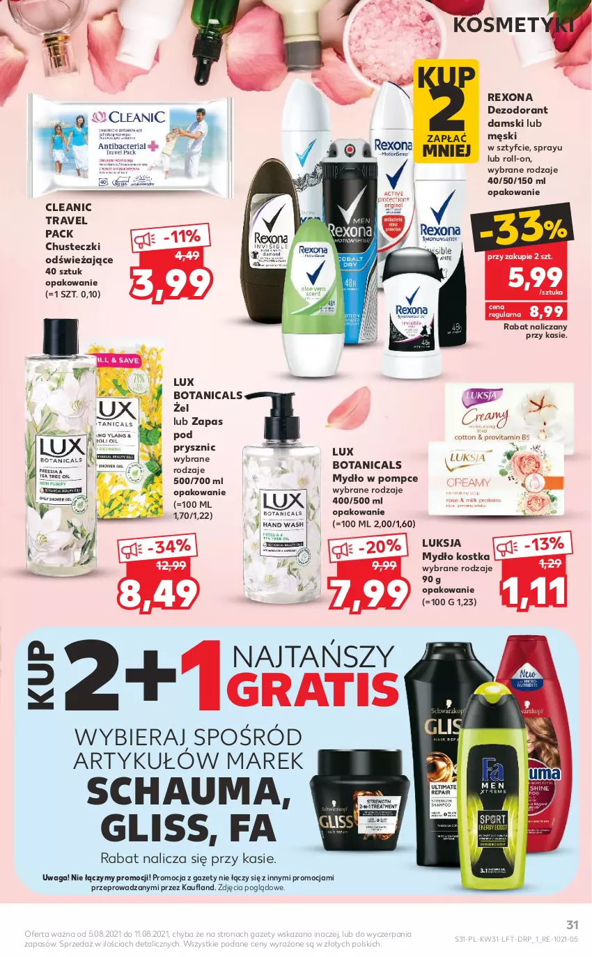 Gazetka promocyjna Kaufland - OFERTA TYGODNIA - ważna 05.08 do 11.08.2021 - strona 31 - produkty: Chusteczki, Cleanic, Dezodorant, Fa, Gra, Luksja, Mydło, Rexona, Schauma, Waga