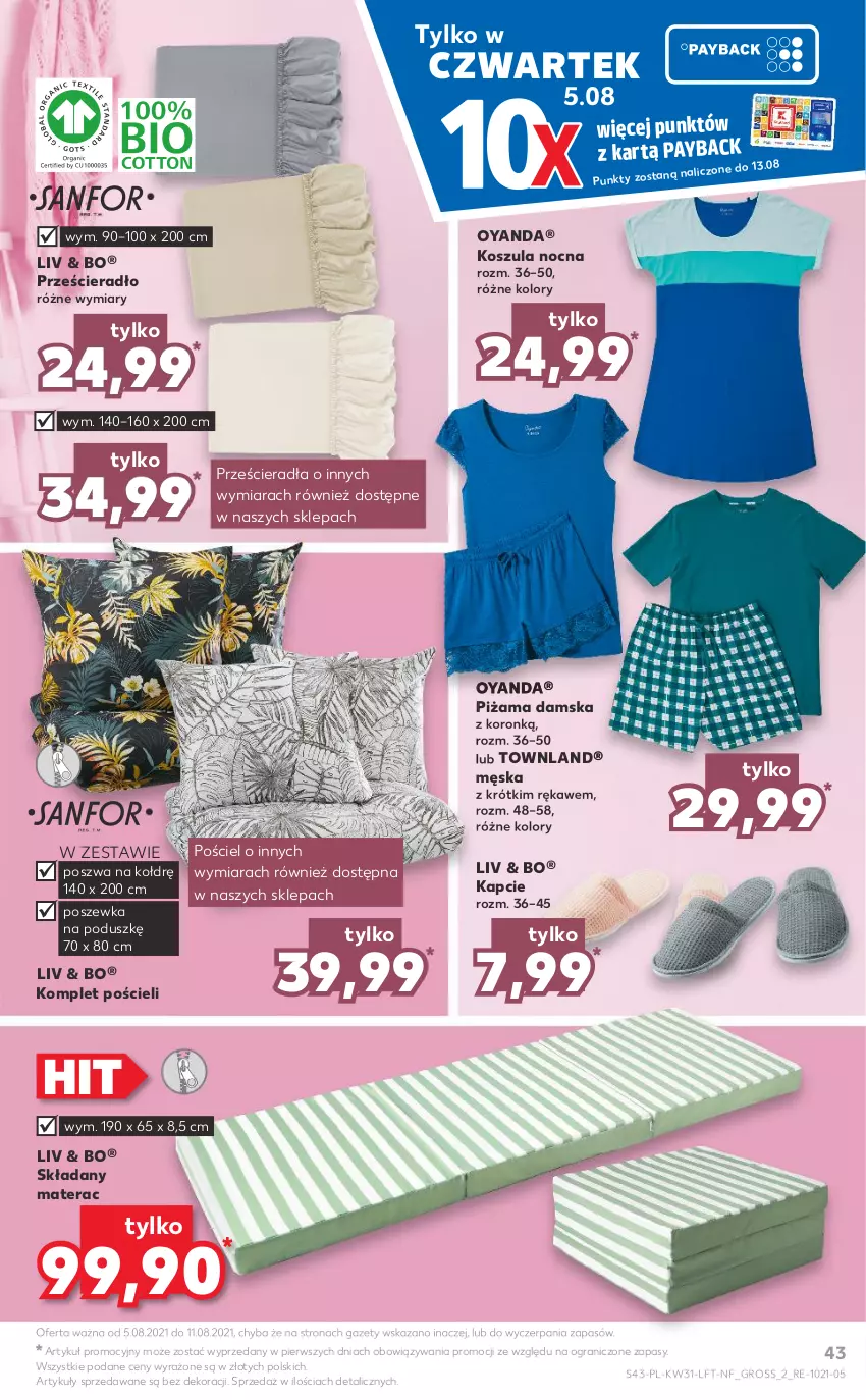 Gazetka promocyjna Kaufland - OFERTA TYGODNIA - ważna 05.08 do 11.08.2021 - strona 43 - produkty: Gra, Kapcie, Komplet pościeli, Kosz, Koszula, Koszula nocna, Materac, Piżama, Pościel, Poszewka, Prześcieradło, Tera