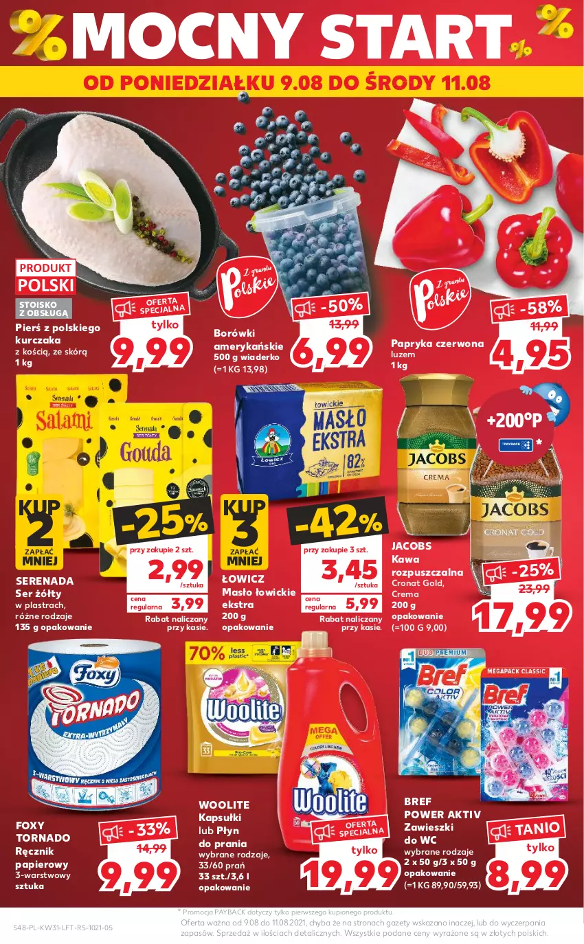 Gazetka promocyjna Kaufland - OFERTA TYGODNIA - ważna 05.08 do 11.08.2021 - strona 48 - produkty: Bref, Foxy, Jacobs, Kawa, Kawa rozpuszczalna, Kurczak, Masło, Papier, Papryka, Papryka czerwona, Płyn do prania, Ręcznik, Ser, Woolite, Zawieszki