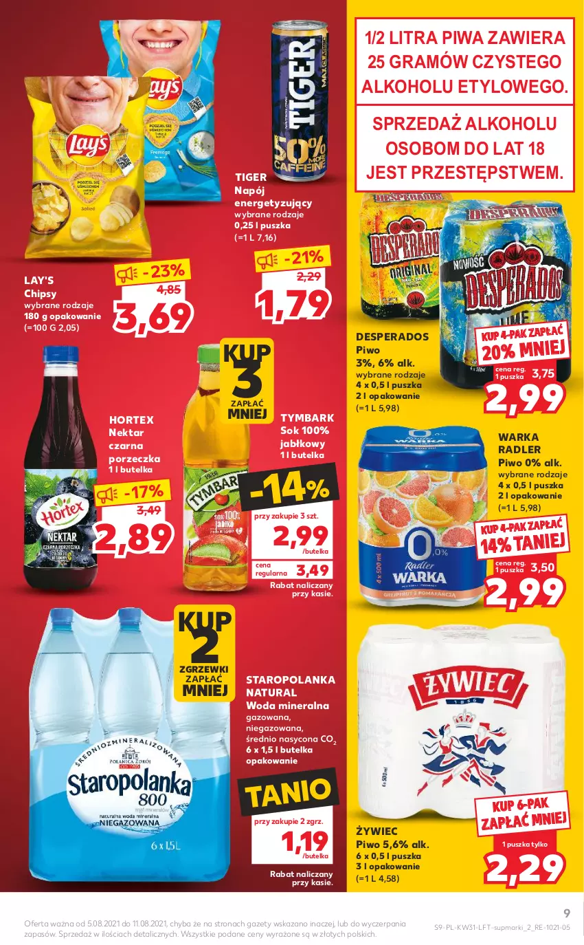 Gazetka promocyjna Kaufland - OFERTA TYGODNIA - ważna 05.08 do 11.08.2021 - strona 9 - produkty: Chipsy, Desperados, Gra, Hortex, Napój, Nektar, Piwa, Piwo, Por, Radler, Sok, Tiger, Tymbark, Warka