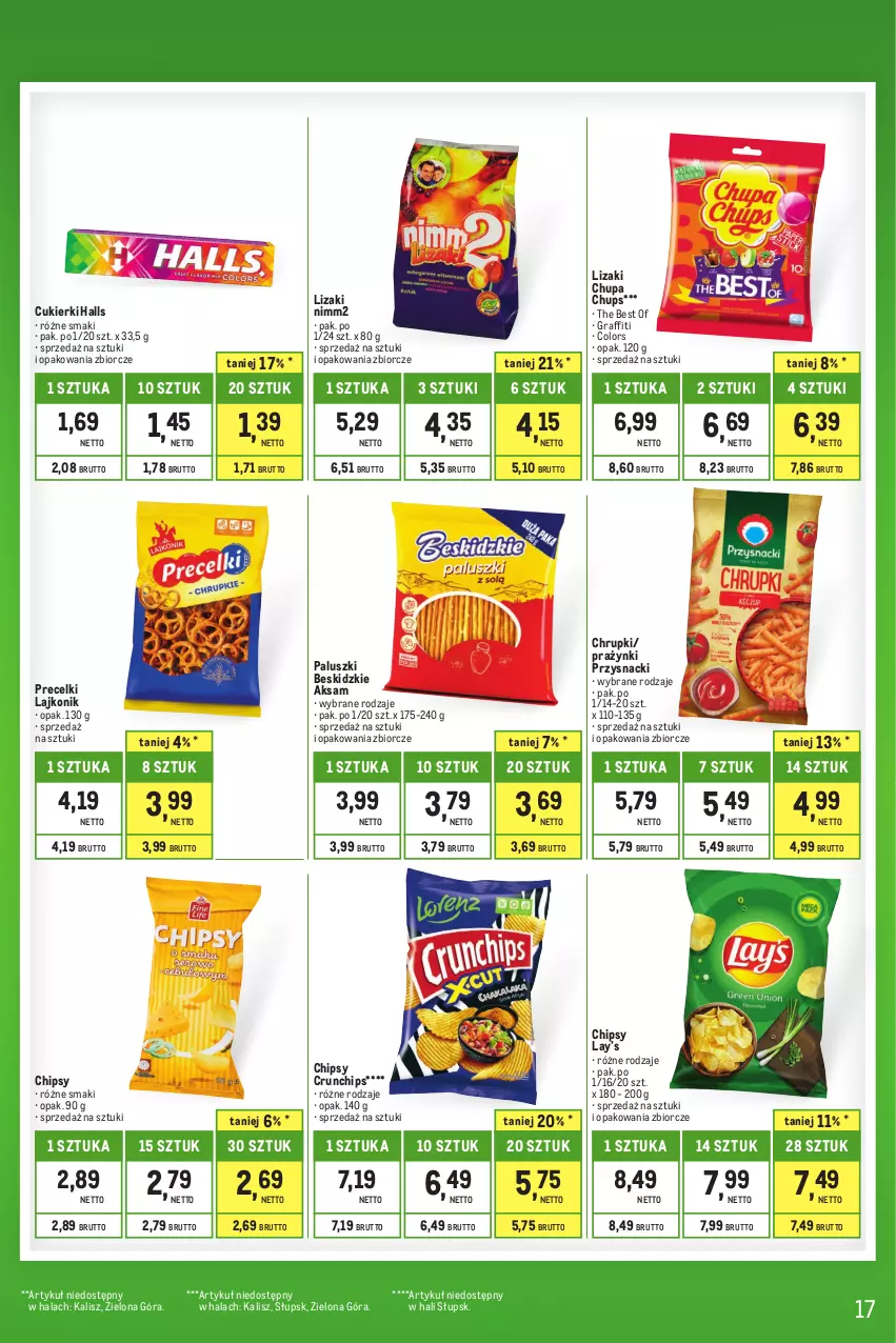 Gazetka promocyjna Makro - Kupujesz więcej płacisz mniej - ważna 01.07 do 31.07.2023 - strona 17 - produkty: Aksam, Beskidzki, Chipsy, Chrupki, Chupa Chups, Crunchips, Cukier, Cukierki, Gra, Halls, Lajkonik, Lay’s, Lizaki, Nimm2, Precelki, Przysnacki