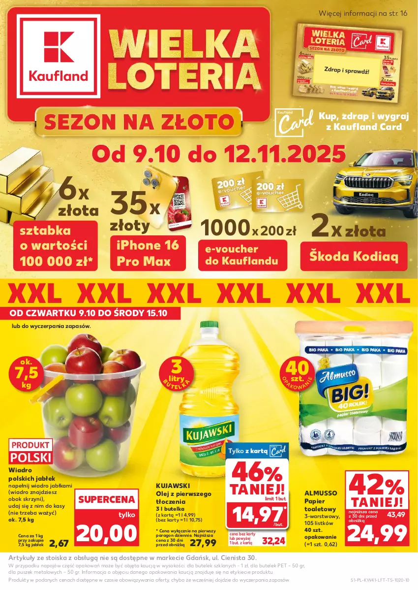 Gazetka promocyjna Kaufland - Gazetka tygodnia - ważna 09.10 do 15.10.2025 - strona 1 - produkty: Gra, Jabłka, Kujawski, Mięta, Mus, Olej, Papier, Papier toaletowy, Sok, Wiadro