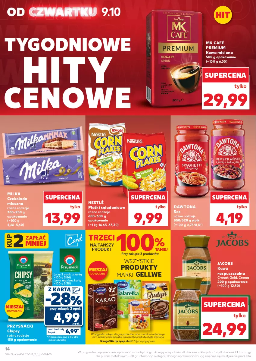 Gazetka promocyjna Kaufland - Gazetka tygodnia - ważna 09.10 do 15.10.2025 - strona 14 - produkty: Chipsy, Czekolada, Czekolada mleczna, Danio, Dawtona, Jacobs, Kawa, Kawa mielona, Kawa rozpuszczalna, Milka, Nestlé, Por, Przysnacki, Sok, Sos, Waga