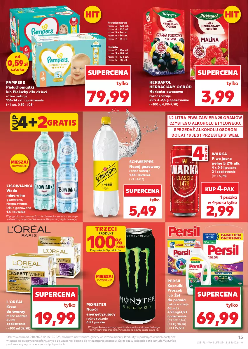Gazetka promocyjna Kaufland - Gazetka tygodnia - ważna 09.10 do 15.10.2025 - strona 15 - produkty: Cisowianka, Dzieci, Gra, Herbapol, Herbata, Herbata owocowa, Krem do twarzy, L’Oréal, Majtki, Napój, Napój gazowany, Ogród, Pampers, Persil, Pieluchomajtki, Pieluchy, Piwa, Piwo, Piwo jasne, Por, Schweppes, Warka, Woda, Woda mineralna