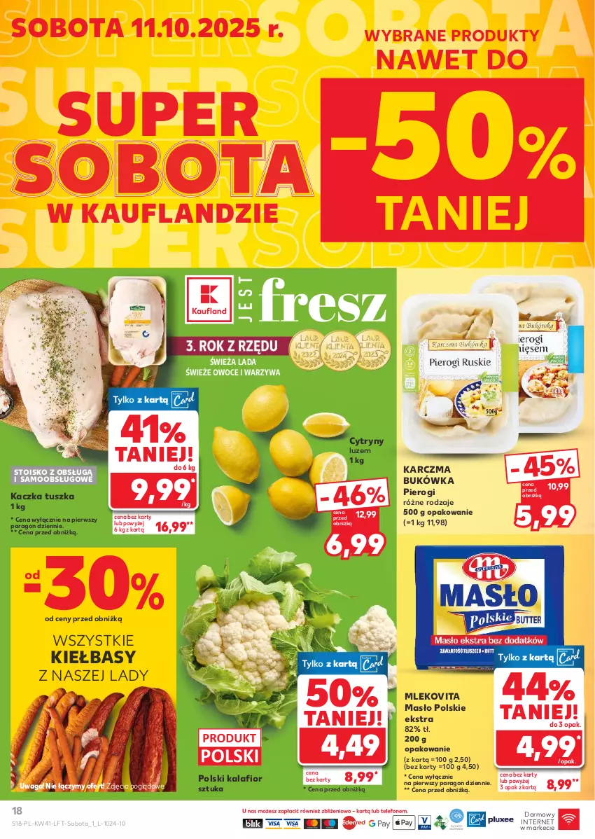 Gazetka promocyjna Kaufland - Gazetka tygodnia - ważna 09.10 do 15.10.2025 - strona 18 - produkty: Cytryny, Kaczka, Kalafior, Masło, Mleko, Mlekovita, Owoce, Pierogi, Tusz, Waga, Warzywa