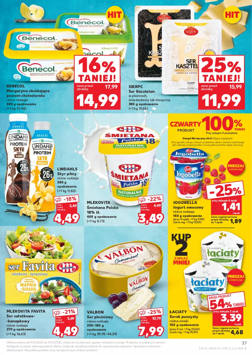 Gazetka promocyjna Kaufland - Gazetka tygodnia - ważna 09.10 do 15.10.2025 - strona 37 - produkty: Bell, Bella, Benecol, Fa, Favita, Jogobella, Jogurt, Jogurt owocowy, Kasztelan, Margaryna, Mleko, Mlekovita, Por, Sałat, Ser, Ser Kasztelan, Ser pleśniowy, Ser sałatkowo-kanapkowy, Serek, Serek puszysty, Waga