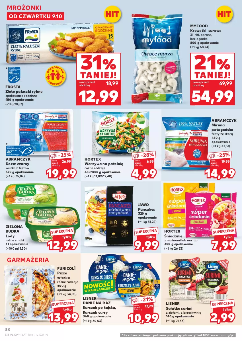 Gazetka promocyjna Kaufland - Gazetka tygodnia - ważna 09.10 do 15.10.2025 - strona 38 - produkty: Dorsz, Frosta, Hortex, Krewetki, Kurczak, Lisner, Lody, Mango, Miruna, Paluszki rybne, Pizza, Sałat, Sałatka, Surimi, Tago, Warzywa, Zielona Budka