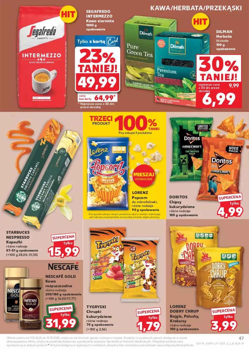 Gazetka promocyjna Kaufland - Gazetka tygodnia - ważna 09.10 do 15.10.2025 - strona 47 - produkty: Bajgle, Chipsy, Chrupki, Dilmah, Dres, Fa, Gry, Herbata, Kawa, Kawa rozpuszczalna, Kawa ziarnista, Krakersy, Lorenz, Nescafé, Popcorn, Por, Segafredo