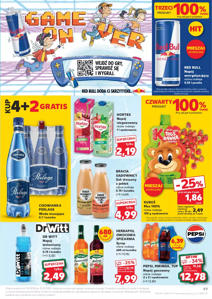 Gazetka promocyjna Kaufland - Gazetka tygodnia - ważna 09.10 do 15.10.2025 - strona 49 - produkty: 7up, Cisowianka, Gra, Herbapol, Hortex, Kubuś, Mirinda, Mus, Napój, Napój gazowany, Napój izotoniczny, Napój niegazowany, Pepsi, Por, Red Bull, Sok, Syrop, Tran, Woda