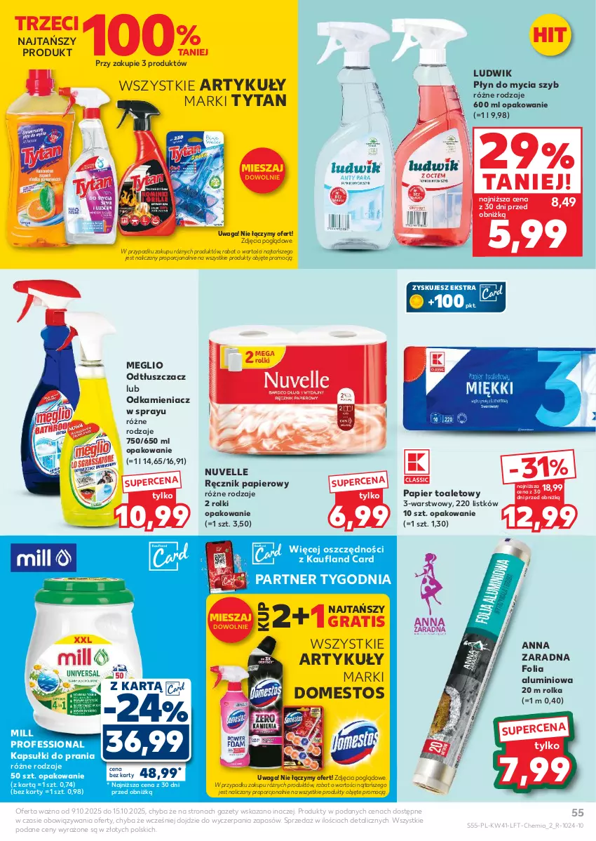 Gazetka promocyjna Kaufland - Gazetka tygodnia - ważna 09.10 do 15.10.2025 - strona 55 - produkty: Domestos, Folia aluminiowa, Gra, Kapsułki do prania, Ludwik, Odkamieniacz, Odtłuszczacz, Papier, Papier toaletowy, Płyn do mycia, Por, Ręcznik, Rolki, Tytan, Waga