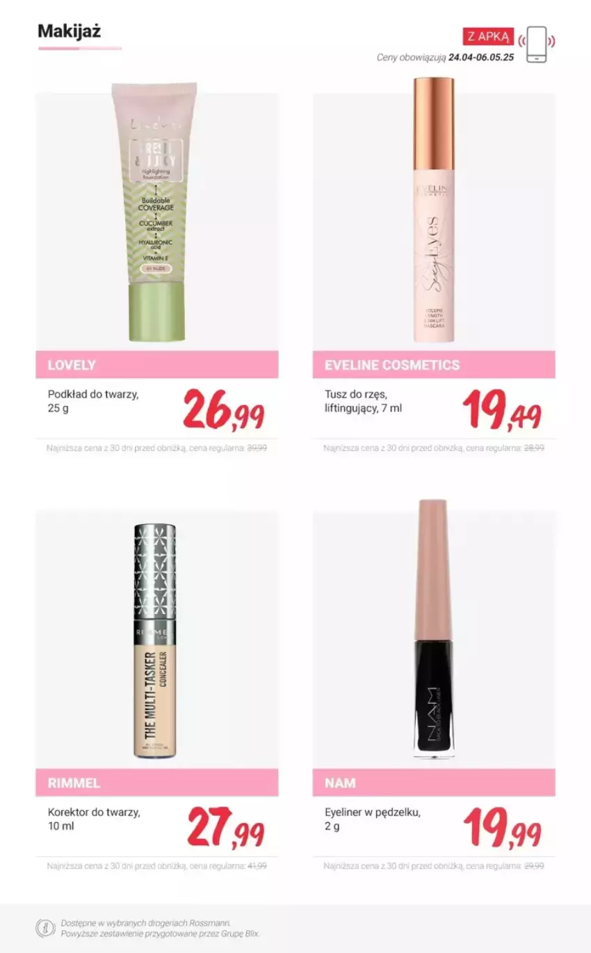 Gazetka promocyjna Rossmann - ważna 27.04 do 03.05.2025 - strona 4 - produkty: Eveline, Korektor do twarzy, Lovely, Makijaż, Mars, Podkład, Podkład do twarzy, Tusz