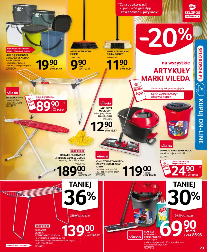 Gazetka promocyjna Selgros - Oferta przemysłowa - ważna 22.07 do 04.07.2021 - strona 23 - produkty: Ajax, Deska do prasowania, Kije, Kosz, LG, Miotła, Mop, Rama, Suszarka, Vileda, Wiadro