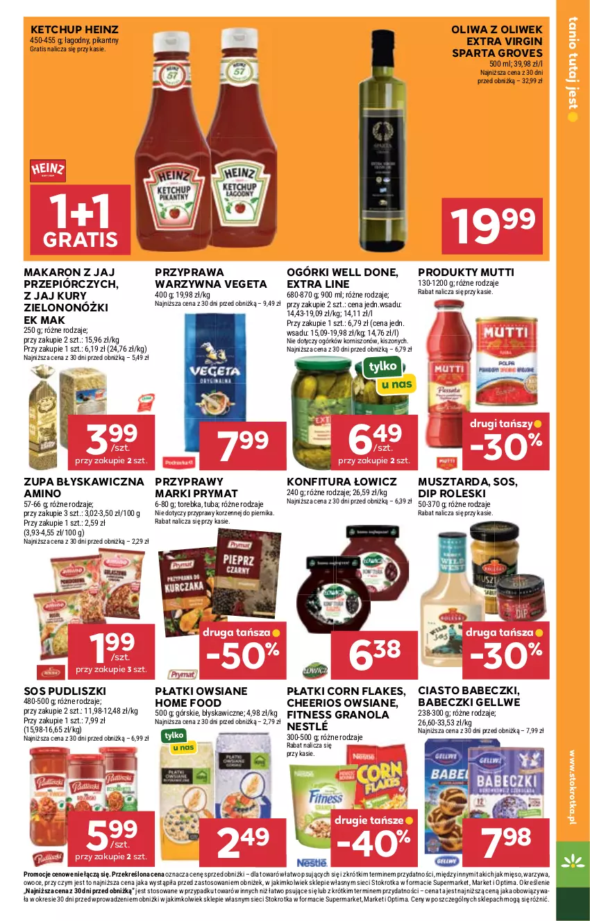 Gazetka promocyjna Stokrotka - Supermarket - ważna 08.10 do 14.10.2026 - strona 29 - produkty: Babeczki, Cheerios, Corn flakes, Gin, Gra, Granola, Heinz, Ketchup, Konfitura, Makaron, Mięso, Mus, Musztarda, Nestlé, Oliwa, Oliwa z oliwek, Optima, Owoce, Piernik, Płatki owsiane, Prymat, Przyprawy, Pudliszki, Sos, Torebka, Vegeta, Warzywa, Zupa