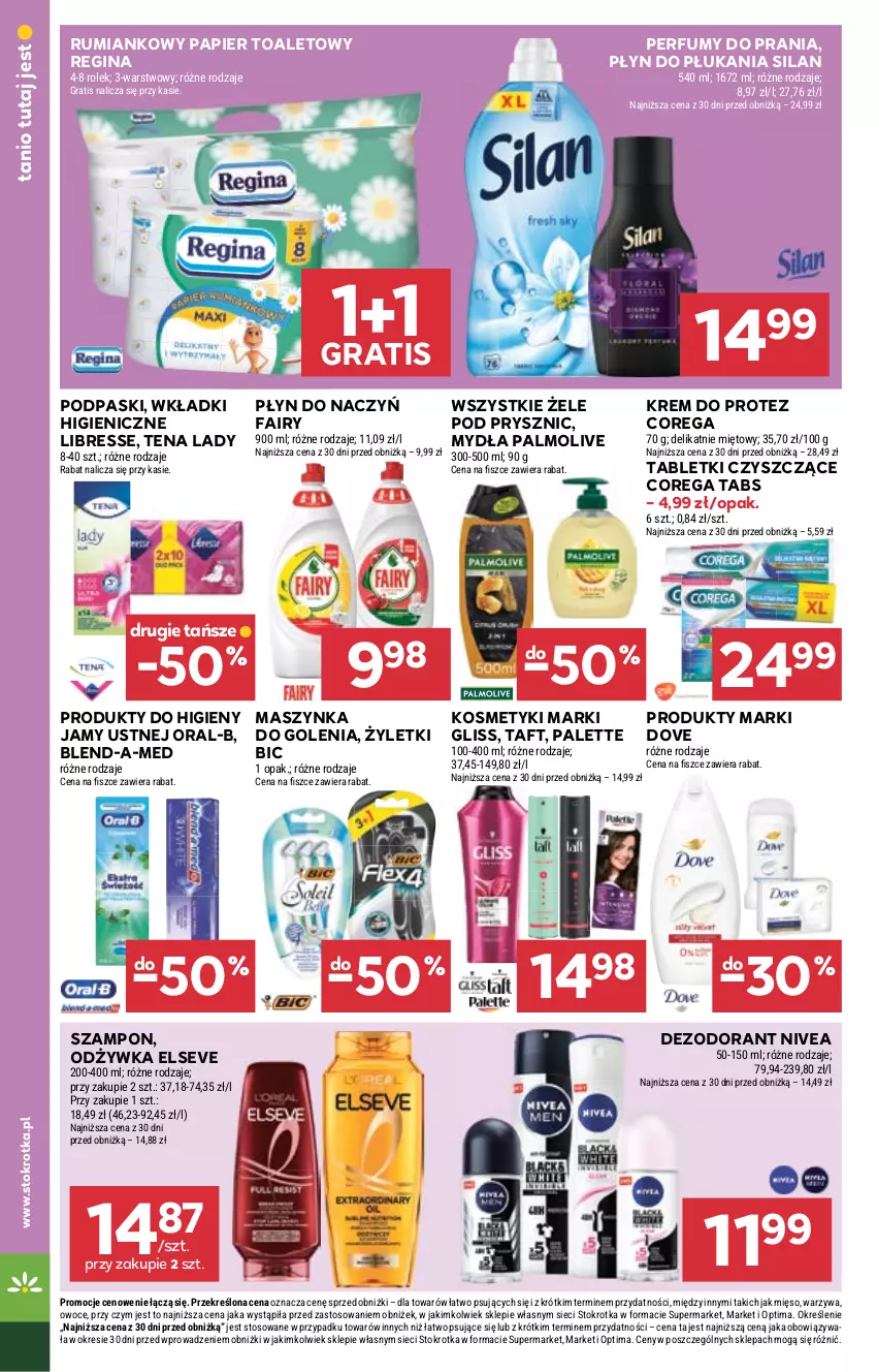 Gazetka promocyjna Stokrotka - Supermarket - ważna 08.10 do 14.10.2026 - strona 40 - produkty: BIC, Blend-a-Med, Corega, Dezodorant, Dove, Elseve, Fa, Fairy, Gin, Gra, Maszynka, Mięso, Nivea, Odżywka, Optima, Owoce, Palette, Palmolive, Papier, Papier toaletowy, Perfum, Płyn do płukania, Podpaski, Rum, Silan, Szampon, Szynka, Tablet, Taft, Warzywa, Wkładki