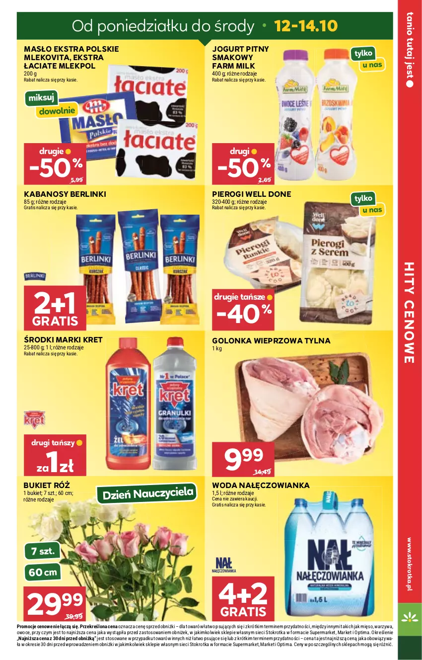 Gazetka promocyjna Stokrotka - Supermarket - ważna 08.10 do 14.10.2026 - strona 5 - produkty: Berlinki, Bukiet, Fa, Farm Milk, Golonka wieprzowa, Gra, Jogurt, Jogurt pitny, Kabanos, Kret, Masło, Mięso, Mleko, Mlekovita, Nałęczowianka, Optima, Owoce, Pierogi, Warzywa, Woda