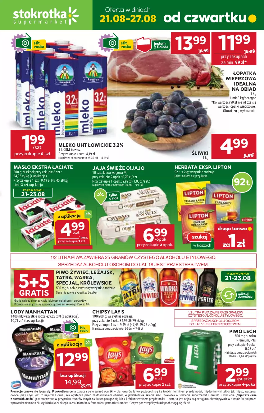 Gazetka promocyjna Stokrotka - Supermarket - ważna 21.08 do 27.08.2025 - strona 1 - produkty: Chipsy, Gra, Herbata, Jaja, Królewski, Lay’s, Lipton, Lody, Masło, Mięso, Mleko, Owoce, Piwa, Piwo, Tatra, Warka, Warzywa