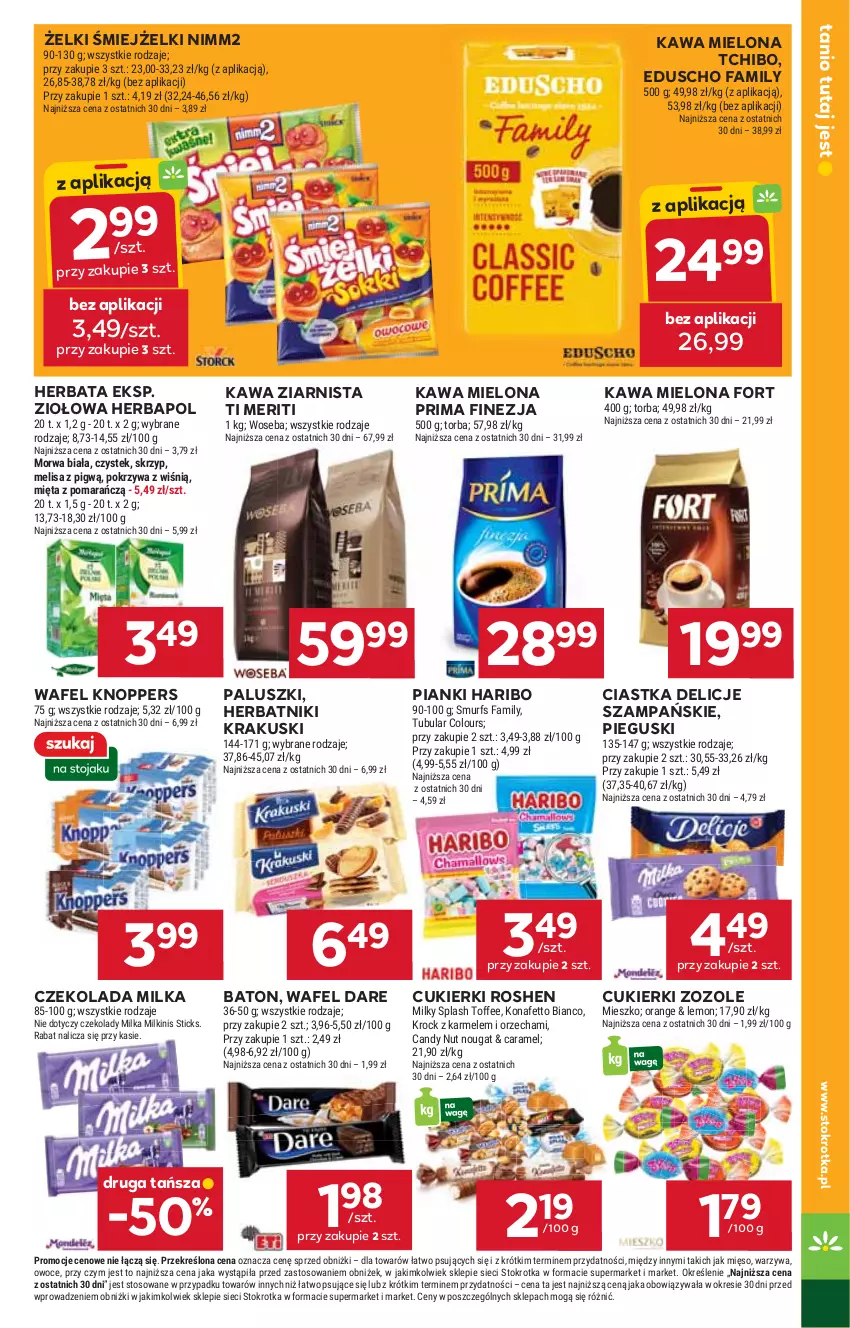 Gazetka promocyjna Stokrotka - Supermarket - ważna 21.08 do 27.08.2025 - strona 25 - produkty: Baton, Candy, Ciastka, Cukier, Cukierki, Czekolada, Delicje, Fa, Haribo, Herbapol, Herbata, Herbatniki, Kawa, Kawa mielona, Kawa ziarnista, Knoppers, Krakus, Krakuski, Mięso, Mięta, Milka, Nimm2, Owoce, Prima, Stek, Tchibo, Torba, Warzywa, Woseba