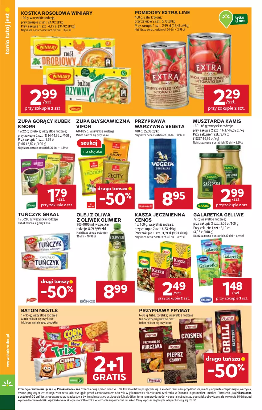 Gazetka promocyjna Stokrotka - Supermarket - ważna 21.08 do 27.08.2025 - strona 26 - produkty: Baton, Cenos, Gala, Galaretka, Gra, Graal, Kamis, Kasza, Kasza jęczmienna, Knorr, Kubek, Mięso, Mus, Musztarda, Nestlé, Olej, Owoce, Pomidory, Prymat, Przyprawy, Torebka, Tuńczyk, Vegeta, Warzywa, Winiary, Zupa