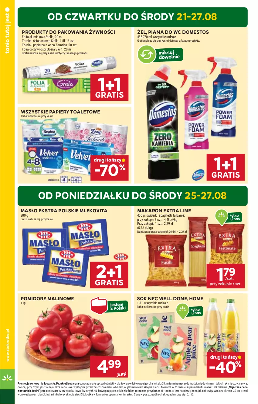 Gazetka promocyjna Stokrotka - Supermarket - ważna 21.08 do 27.08.2025 - strona 4 - produkty: Danio, Domestos, Fa, Folia aluminiowa, Gra, Makaron, Masło, Mięso, Mleko, Mlekovita, Owoce, Papier, Pomidory, Sok, Spaghetti, Warzywa