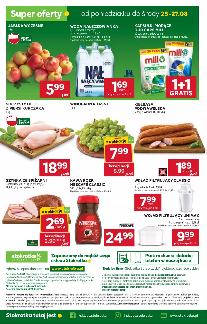 Gazetka promocyjna Stokrotka - Supermarket - ważna 21.08 do 27.08.2025 - strona 48 - produkty: Dres, Filet z piersi kurczaka, Gra, Jabłka, JBL, Kawa, Kiełbasa, Kiełbasa podwawelska, Kurczak, Mięso, Nałęczowianka, Nescafé, O nas, Owoce, Szynka, Telefon, Wagi, Warzywa, Wawel, Wino, Winogrona, Wkład filtrujący, Woda