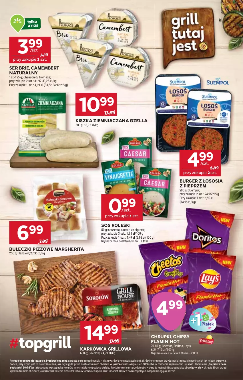 Gazetka promocyjna Stokrotka - Supermarket - ważna 21.08 do 27.08.2025 - strona 9 - produkty: Brie, Bułeczki, Burger, Camembert, Cheetos, Chipsy, Chrupki, Grill, Lay’s, Mięso, Owoce, Pieprz, Ser, Sok, Sokołów, Sos, Suempol, Warzywa