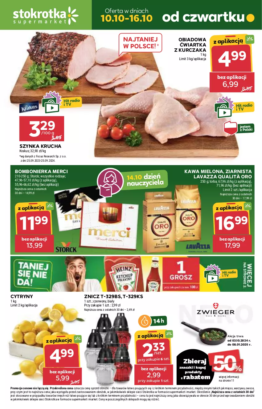 Gazetka promocyjna Stokrotka - Supermarket - ważna 10.10 do 16.10.2024 - strona 1 - produkty: Cytryny, Kawa, Kawa mielona, Krakus, Kurczak, Lavazza, Merci, Mięso, Owoce, Szynka, Torba, Warzywa, Znicz