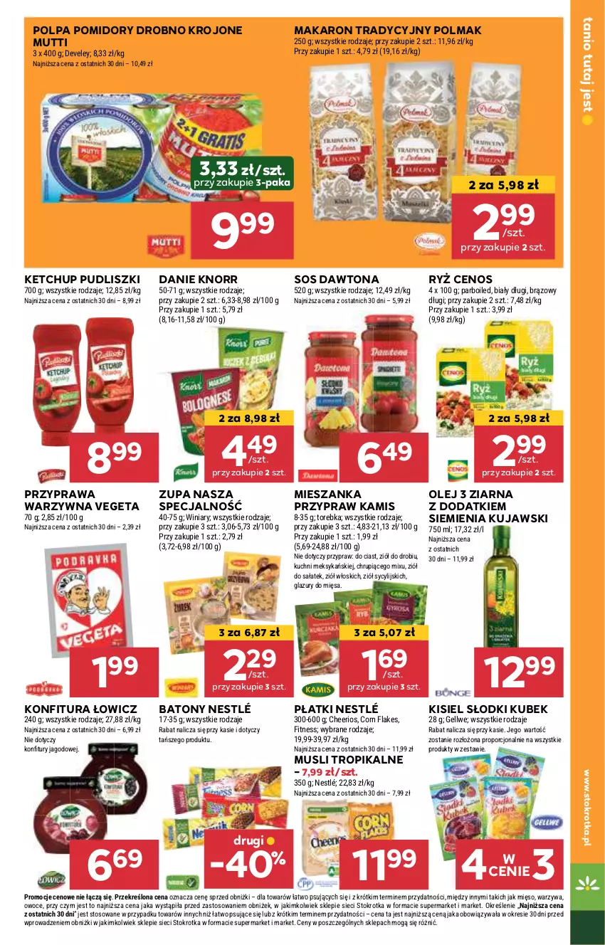 Gazetka promocyjna Stokrotka - Supermarket - ważna 10.10 do 16.10.2024 - strona 15 - produkty: Baton, Cenos, Cheerios, Corn flakes, Dawtona, Kamis, Ketchup, Kisiel, Knorr, Konfitura, Kubek, Kujawski, Lazur, Makaron, Mięso, Mus, Nestlé, Olej, Olma, Owoce, Pomidory, Por, Pudliszki, Ryż, Sałat, Sos, Torebka, Vegeta, Warzywa, Winiary, Zupa