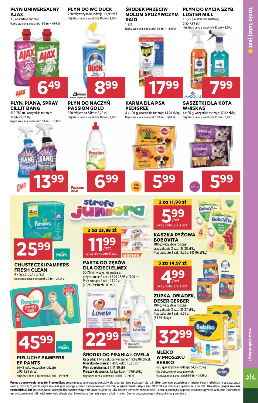 Gazetka promocyjna Stokrotka - Supermarket - ważna 10.10 do 16.10.2024 - strona 21 - produkty: Ajax, Bebiko, BoboVita, Chusteczki, Cillit Bang, Deser, Duck, Dzieci, Elmex, Gerber, Lovela, Mięso, Mleczko, Mleczko do prania, Mleko, Mleko w proszku, Owoce, Pampers, Pasta do zębów, Pedigree, Pieluchy, Płyn do mycia, Płyn do płukania, Płyn do wc, Proszek do prania, Ryż, Ser, Warzywa, Whiskas