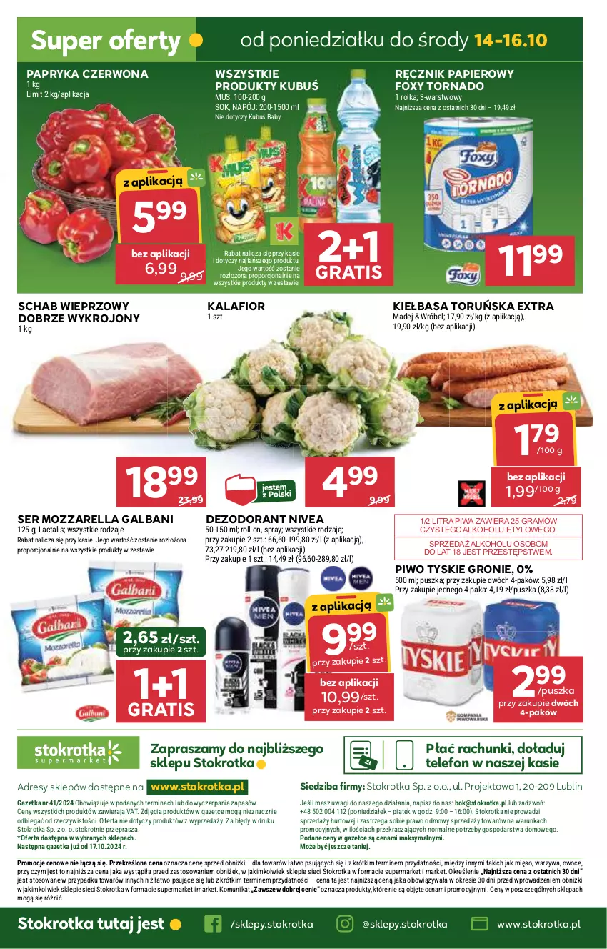 Gazetka promocyjna Stokrotka - Supermarket - ważna 10.10 do 16.10.2024 - strona 31 - produkty: Dezodorant, Dres, Foxy, Galbani, Gra, JBL, Kalafior, Kiełbasa, Kubuś, Mięso, Mozzarella, Mus, Napój, Nivea, O nas, Owoce, Papier, Papryka, Papryka czerwona, Piwa, Piwo, Por, Ręcznik, Schab wieprzowy, Ser, Sok, Telefon, Tyskie, Wagi, Warzywa