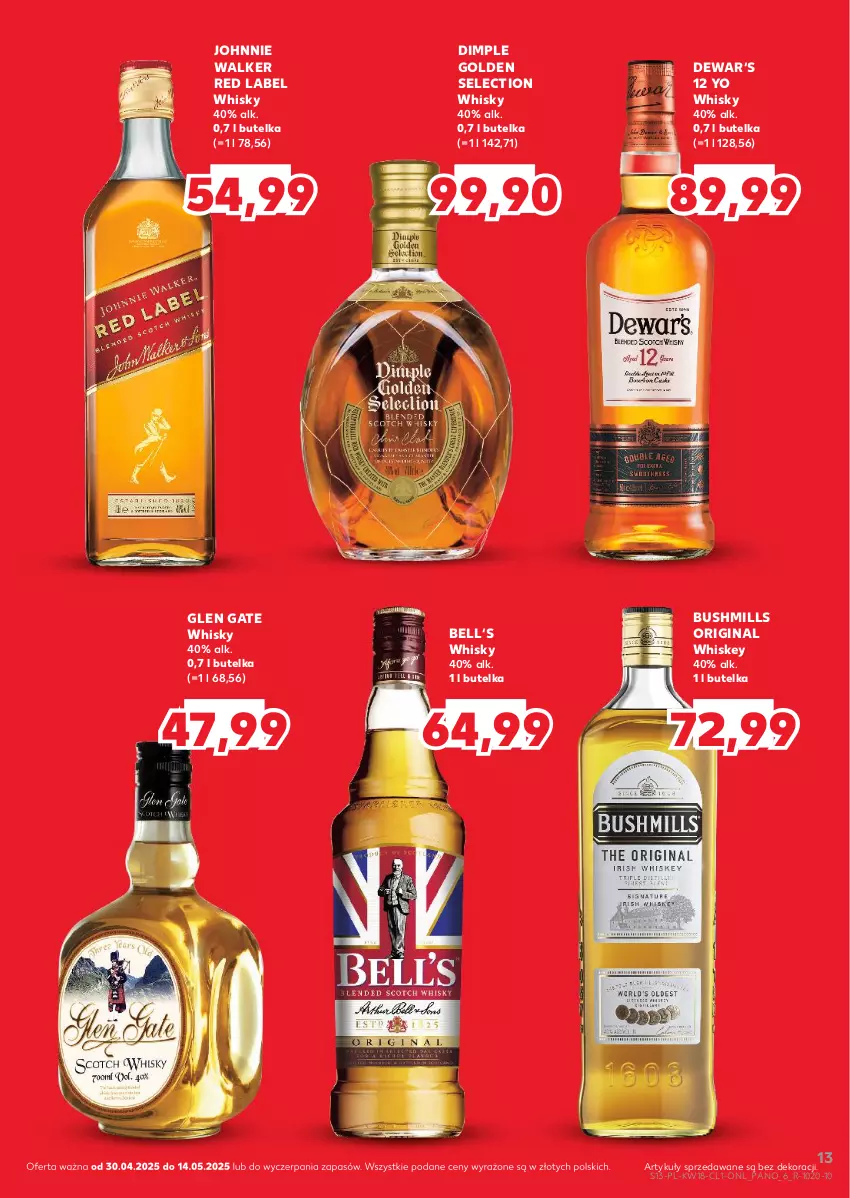 Gazetka promocyjna Kaufland - Barek Kauflandu - ważna 30.04 do 14.05.2025 - strona 13 - produkty: Bell, Bushmills, Dimple Golden Selection, Gin, Glen Gate, Johnnie Walker, Whiskey, Whisky