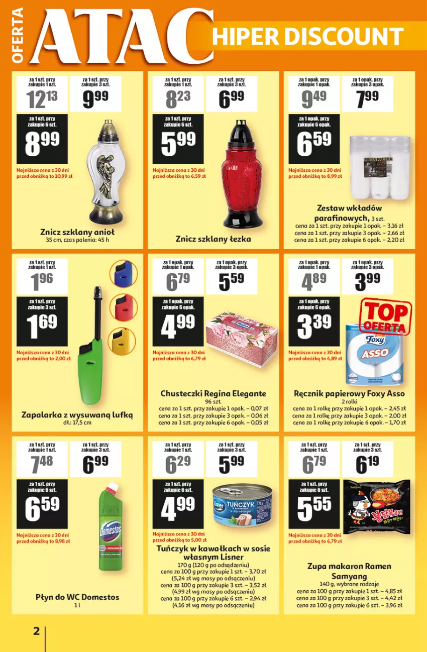 Gazetka promocyjna Auchan - ATAC Hiper Discount - ważna 23.10 do 12.11.2025 - strona 2 - produkty: Chusteczki, Domestos, Fa, Foxy, Gin, Kawa, Lisner, Makaron, Papier, Płyn do wc, Ręcznik, Rolki, Sos, Tuńczyk, Zapalarka, Znicz, Zupa