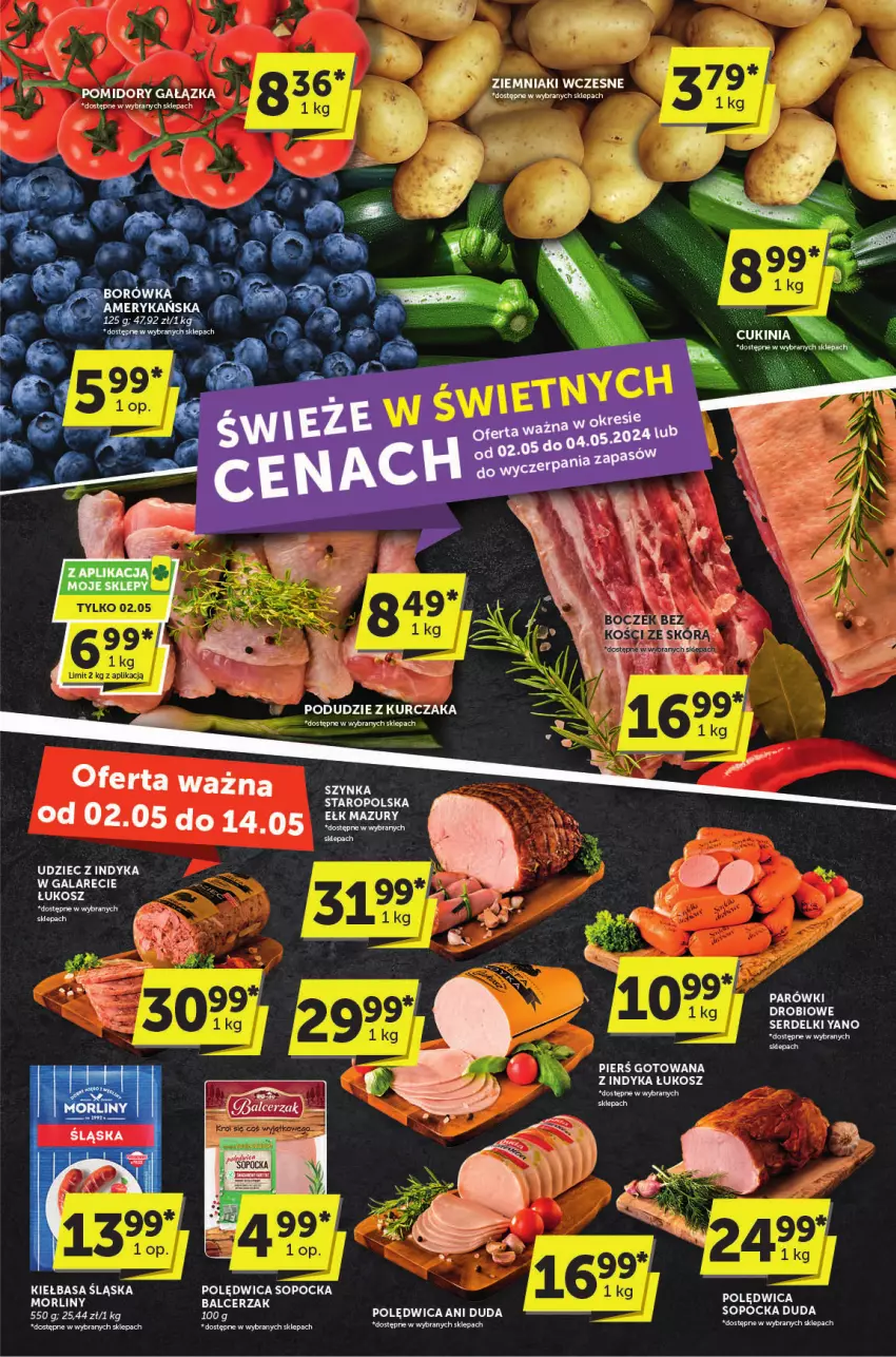 Gazetka promocyjna ABC - ważna 02.05 do 14.05.2024 - strona 3 - produkty: Gala, Kiełbasa, Kiełbasa śląska, Kosz, Kurczak, Morliny, Podudzie z kurczaka, Polędwica, Ser, Serdelki, Szynka, Udziec z indyka, Ziemniaki