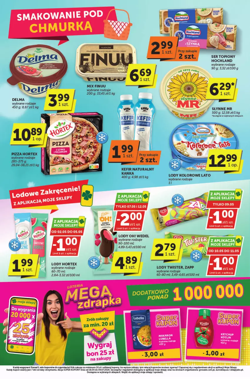 Gazetka promocyjna ABC - ważna 02.05 do 14.05.2024 - strona 4 - produkty: Delma, Finuu, Groszek, Gry, Hochland, Hortex, Kefir, Kefir naturalny, Lody, Pizza, Ser, Ser topiony, Słynne, Top