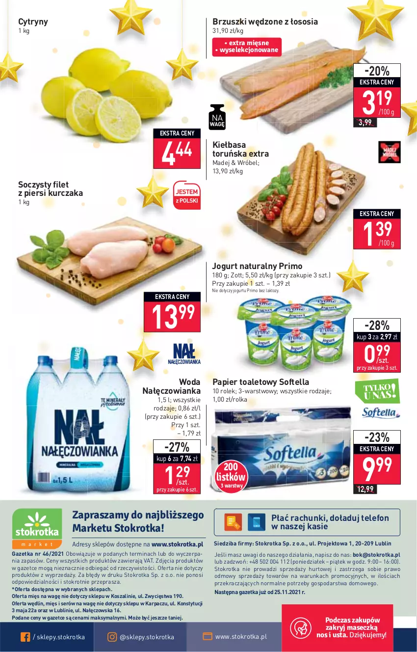 Gazetka promocyjna Stokrotka - Market - ważna 18.11 do 24.11.2021 - strona 16 - produkty: Cytryny, Filet z piersi kurczaka, Jogurt, Jogurt naturalny, Karp, Kiełbasa, Kosz, Kurczak, Nałęczowianka, O nas, Papier, Papier toaletowy, Ser, Sos, Szal, Telefon, Wagi, Woda, Zott