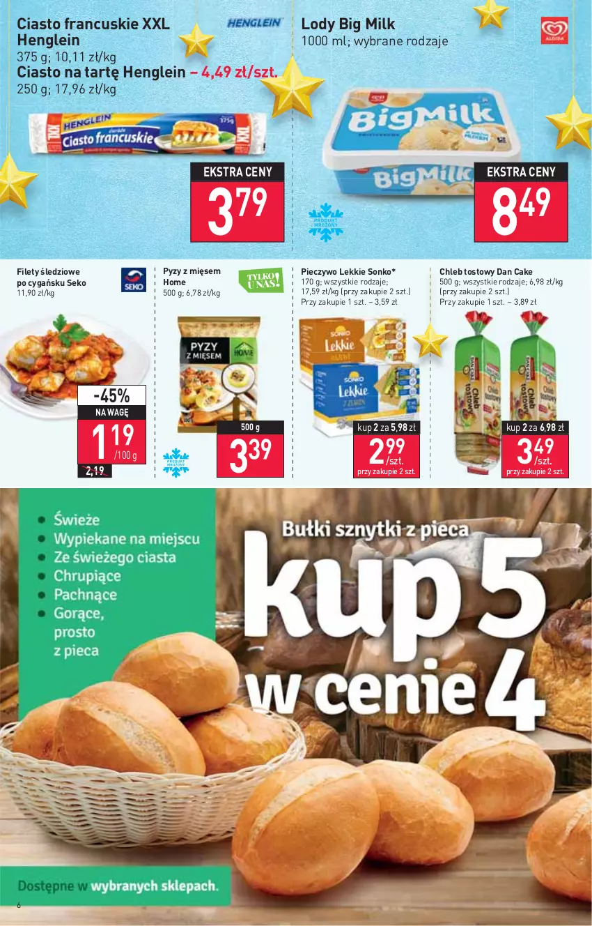 Gazetka promocyjna Stokrotka - Market - ważna 18.11 do 24.11.2021 - strona 6 - produkty: Big Milk, Chleb, Chleb tostowy, Ciasto francuskie, Dan Cake, Lody, Piec, Pieczywo, SEKO, Sonko