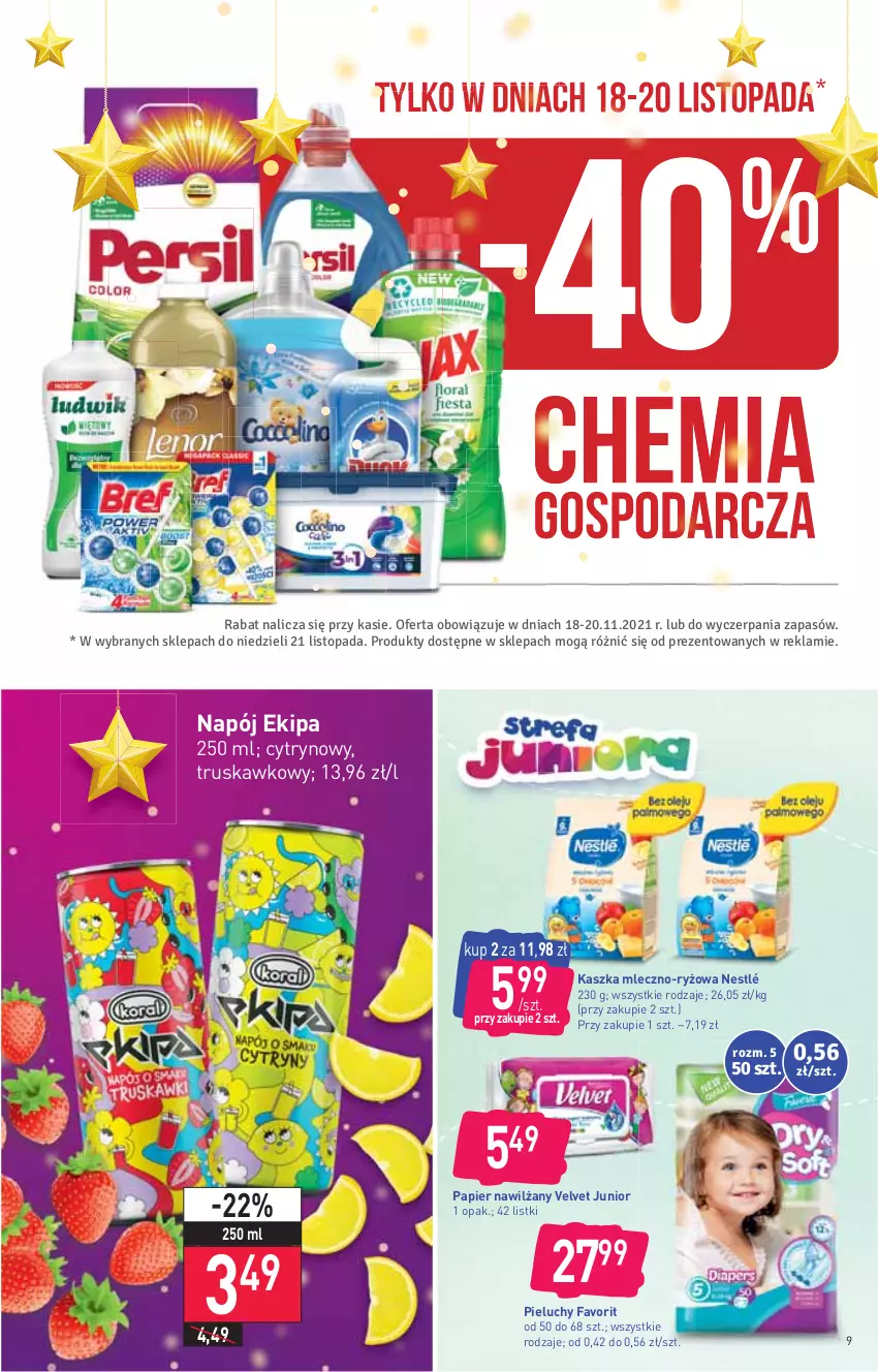 Gazetka promocyjna Stokrotka - Market - ważna 18.11 do 24.11.2021 - strona 9 - produkty: Fa, Napój, Nestlé, Papier, Pieluchy, Ryż, Top, Velvet