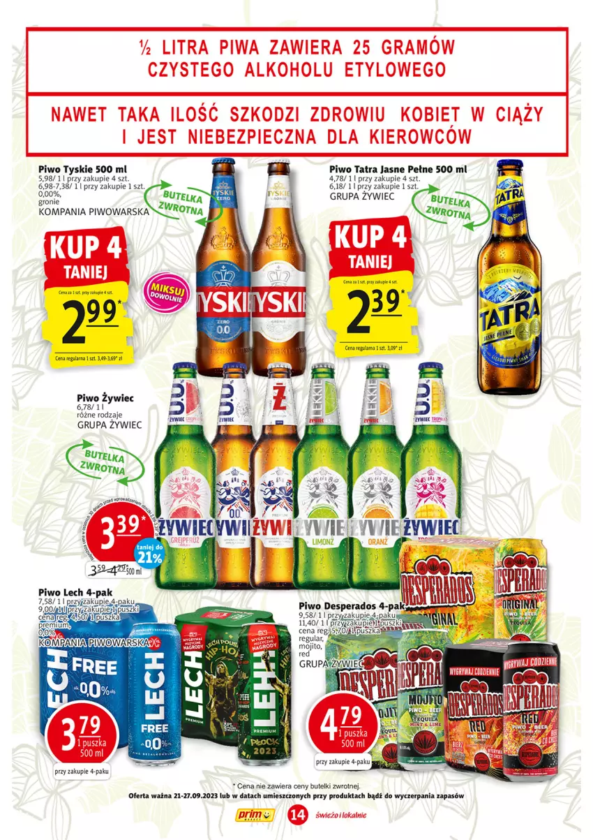 Gazetka promocyjna Prim Market - ważna 21.09 do 27.09.2023 - strona 14 - produkty: Desperados, Piwo, Tatra, Tyskie