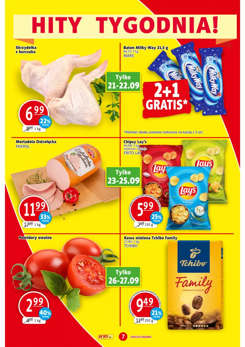 Gazetka promocyjna Prim Market - ważna 21.09 do 27.09.2023 - strona 7 - produkty: Baton, Chipsy, Fa, Kawa, Kawa mielona, Kurczak, Mars, Milky Way, Pekpol, Pomidory, Tchibo, Tchibo Family