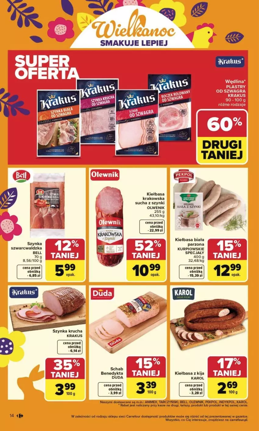 Gazetka promocyjna Carrefour - Gazetka Carrefour, Market od poniedziałku! - ważna 23.03 do 29.03.2026 - strona 20 - produkty: Bell, Duda, Figi, Kiełbasa, Kiełbasa biała, Kiełbasa krakowska, Krakus, Olewnik, Pekpol, Szynka